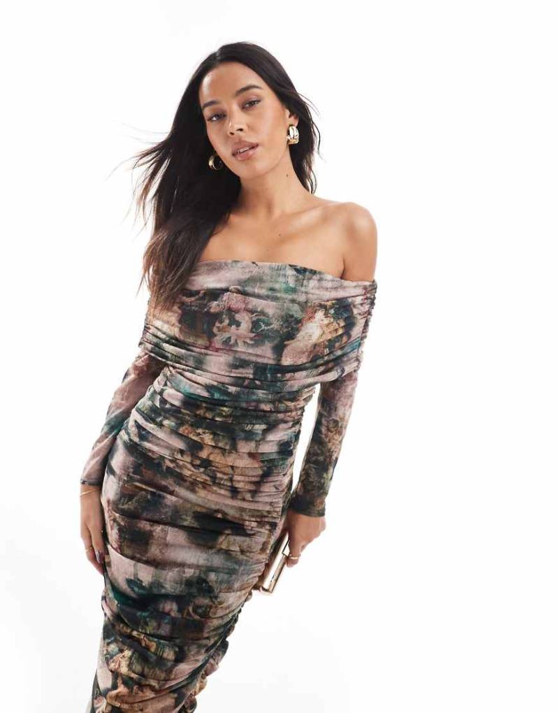 Never Fully Dressed - Schulterfreies Midaxikleid aus Netzstoff mit Engelsprint-Bunt von Never Fully Dressed