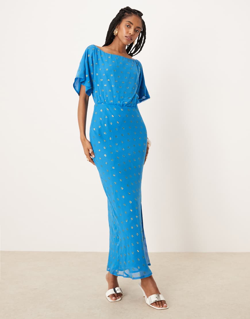 Never Fully Dressed - Tilly - Plissiertes Maxikleid in Blau-Metallic Never Fully Dressed - Tilly - Plissiertes Maxikleid in Blau-Metallic von Never Fully Dressed