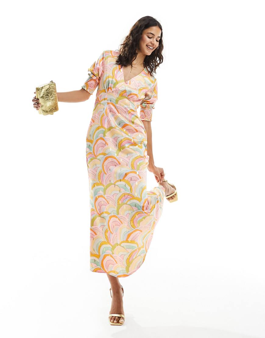 Never Fully Dressed - Wadenlanges Kleid in Metallic-Optik mit Puffärmeln und Regenbogen-Printmuster-Bunt Never Fully Dressed - Wadenlanges Kleid in Metallic-Optik mit Puffärmeln und Regenbogen-Printmuster-Bunt von Never Fully Dressed