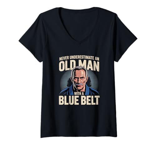 Damen BJJ-Zitate Unterschätzen Sie Niemals einen Alten Mann mit blauem Gürtel T-Shirt mit V-Ausschnitt von Never Underestimate Blue Belts Old Men BJJ Shirt
