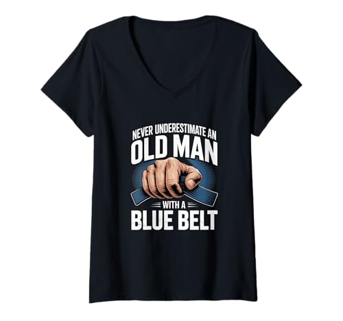 Damen BJJ-Zitate Unterschätzen Sie Niemals einen Alten Mann mit blauem Gürtel T-Shirt mit V-Ausschnitt von Never Underestimate Blue Belts Old Men BJJ Shirt