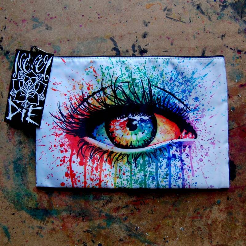 Kosmetiktasche Etui | Augenschmaus Von Carissa Rose Kantig Buntes Regenbogen Tropfend Splatter Auge Alternative Pop Art Stiftetäschchen Makeup Tasche von NeverDieArt