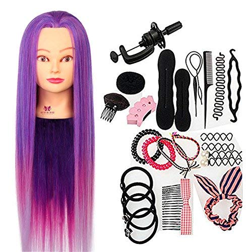 Neverland Frisierkopf Trainingsköpfe Übungskopf, Echthaar Friseurkopf Synthetic Purple Lila Hairdressing Cosmetology Mannequin Puppenkopf Schaufensterpuppe mit Halterung, Haar Zubehör für Frisöre von Neverland Beauty & Health