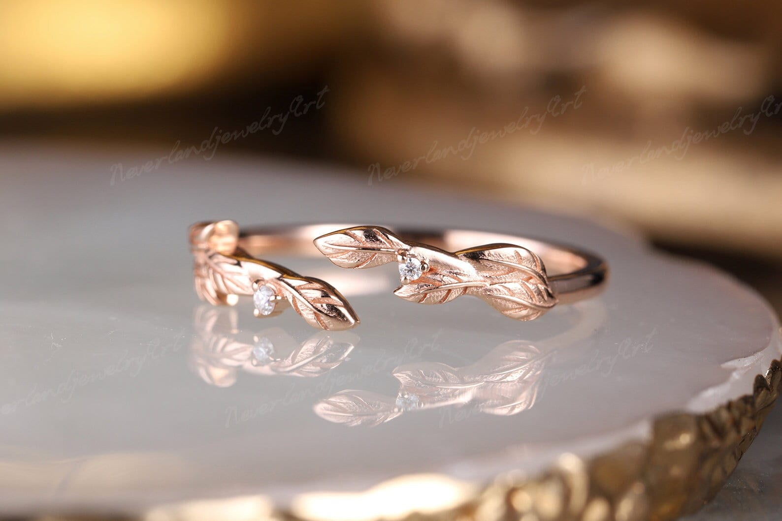 Einzigartige Rose Gold Ehering Offener Handgemachter Blatt Diamant Stapelring Vintage Versprechen Geschenk Natur Inspiriert Ring von NeverlandjewelryArt