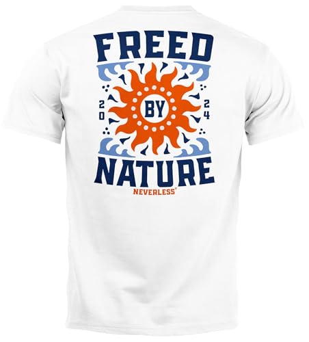 Neverless® Backprint Tshirt Herren Abstrakt Natur Sonne Wellen Aufschrift Freed by Nature Fashion Streetstyle weiß 4XL von Neverless
