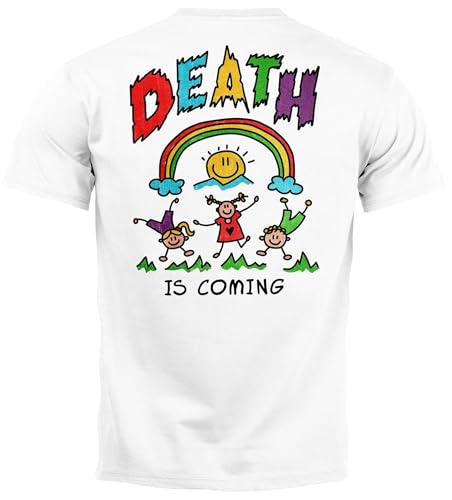 Neverless® Backprint Tshirt Herren Printshirt Design mit lustigem Spruch Death is Coming Schwarzer Humor Sarkasmus weiß M von Neverless