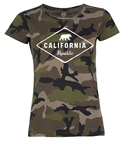 Neverless® Damen Camo-Shirt California Republic Bear Badge Bär Sunshine State USA Camouflage T-Shirt Tarnmuster schwarz L von Neverless