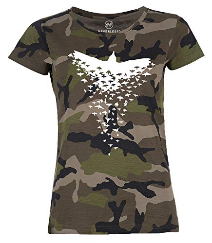 Neverless® Damen Camo-Shirt Rabe Vogel-Schwarm Tiermotiv Printshirt Camouflage T-Shirt Tarnmuster schwarz L von Neverless