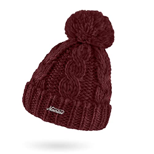 Neverless® Damen Mütze Grobstrick Strick-Bommel Pudelmütze Zopfstrickmuster Wintermütze Umschlag Bordeaux Unisize von Neverless