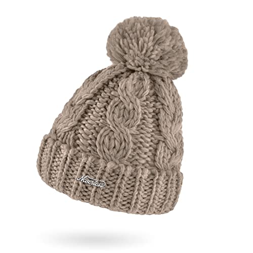 Neverless® Damen Mütze Grobstrick Strick-Bommel Pudelmütze Zopfstrickmuster Wintermütze Umschlag Dunkelbeige Unisize von Neverless