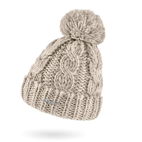 Neverless® Damen Mütze Grobstrick Strick-Bommel Pudelmütze Zopfstrickmuster Wintermütze Umschlag Hellbeige Unisize von Neverless