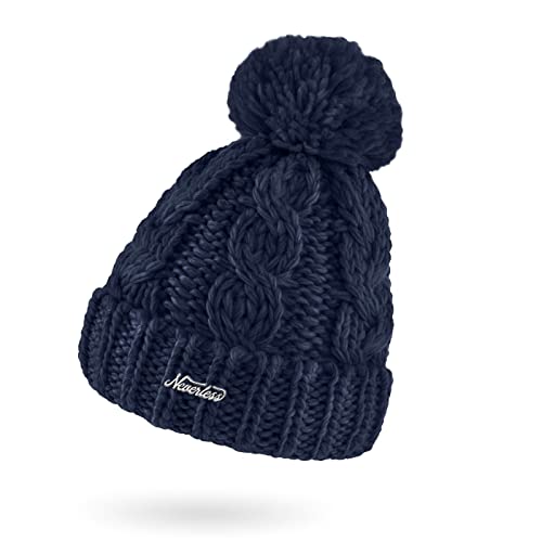 Neverless® Damen Mütze Grobstrick Strick-Bommel Pudelmütze Zopfstrickmuster Wintermütze Umschlag Navy Unisize von Neverless