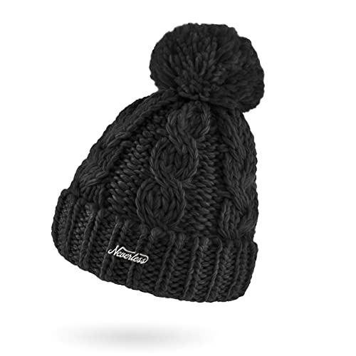 Neverless® Damen Mütze Grobstrick Strick-Bommel Pudelmütze Zopfstrickmuster Wintermütze Umschlag schwarz Unisize von Neverless