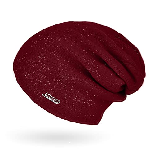 Neverless® Damen Mütze Herbst Strick-Beanie ungefüttert Feinstrick Glitzer Slouch einfarbig Uni Bordeaux Unisize von Neverless