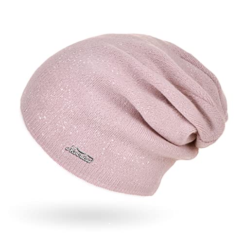 Neverless® Damen Mütze Herbst Strick-Beanie ungefüttert Feinstrick Glitzer Slouch einfarbig Uni rosa Unisize von Neverless