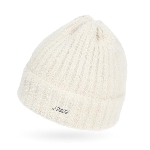 Neverless® Damen Mütze Herbst Strick-Beanie ungefüttert mit Umschlag einfarbig Uni Creme Unisize von Neverless