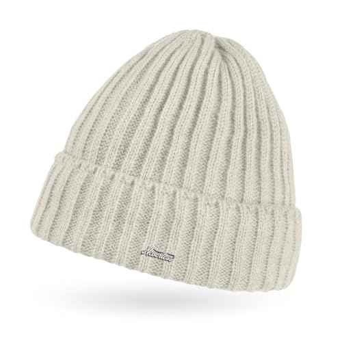 Neverless® Damen Mütze Strick-Beanie Herbst Übergangszeit ungefüttert mit breitem Umschlag einfarbig Uni Hellbeige Unisize von Neverless