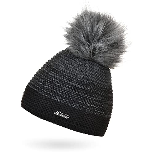 Neverless® Damen Mütze gefüttert Fleece-Innenfutter Fell-Bommel Kunstfell Wintermütze Bommelmütze Grobstrick Mehrfarbig schwarz-dunkelgrau Unisize von Neverless