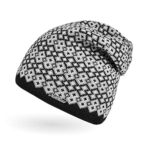 Neverless® Damen Strick-Mütze Beanie gefüttert Fleece Innenfutter Winter-Mütze Rautenmuster schwarz Unisize von Neverless