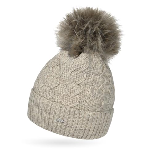 Neverless® Damen Strick-Mütze Fell-Bommel Kunstfell Bommelmütze Fleece-Futter Herz-Strickmuster Umschlag Hellbeige Unisize von Neverless