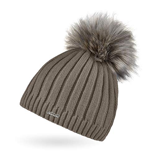 Neverless® Damen Strick-Mütze gefüttert Fell-Bommel Kunstfell Bommelmütze Fleece-Innenfutter Dunkelbeige von Neverless