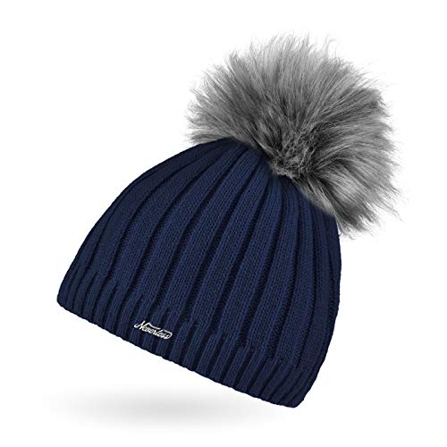 Neverless® Damen Strick-Mütze gefüttert Fell-Bommel Kunstfell Bommelmütze Fleece-Innenfutter Navy von Neverless