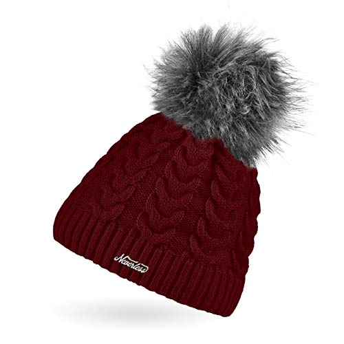 Neverless® Damen Strick-Mütze gefüttert Fell-Bommel Kunstfell Bommelmütze Fleece-Innenfutter Zopfstrickmuster Bordeaux von Neverless