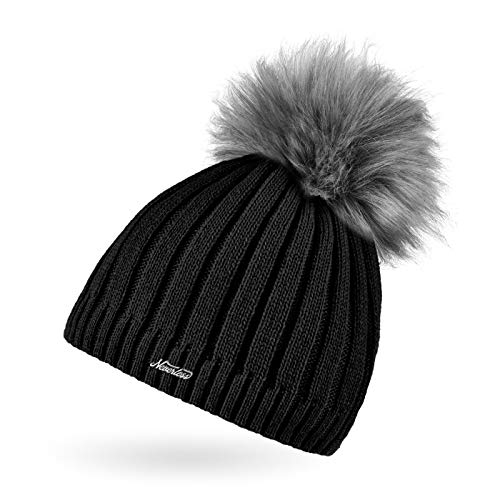 Neverless® Damen Strick-Mütze gefüttert Fell-Bommel Kunstfell Bommelmütze Fleece-Innenfutter schwarz von Neverless