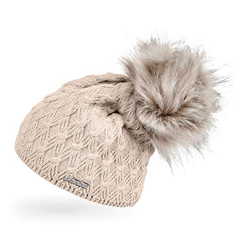 Neverless® Damen Strick-Mütze gefüttert Fell-Bommel Kunstfell Winter-Mütze Bommelmütze beige Unisize von Neverless