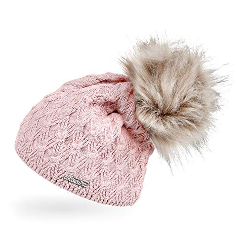 Neverless® Damen Strick-Mütze gefüttert Fell-Bommel Kunstfell Winter-Mütze Bommelmütze rosa Unisize von Neverless