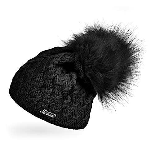 Neverless® Damen Strick-Mütze gefüttert Fell-Bommel Kunstfell Winter-Mütze Bommelmütze schwarz Unisize von Neverless