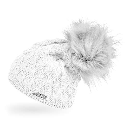 Neverless® Damen Strick-Mütze gefüttert Fell-Bommel Kunstfell Winter-Mütze Bommelmütze weiß Unisize von Neverless