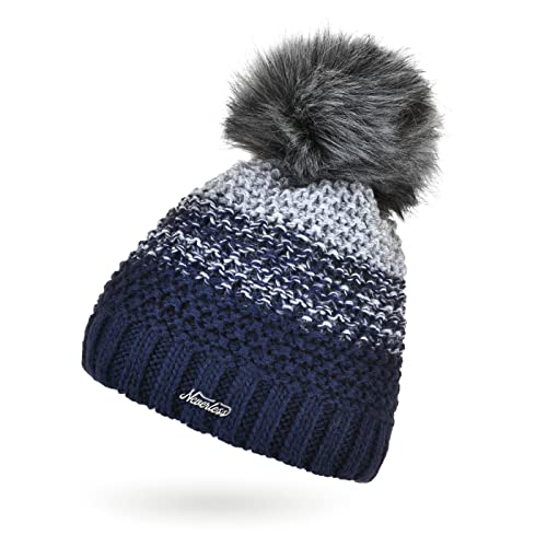 Neverless® Damen Strick-Mütze gefüttert Fleece Fell-Bommel Kunstfell Winter-Mütze Bommelmütze Grobstrick Mehrfarbig Navy-hellblau Unisize von Neverless