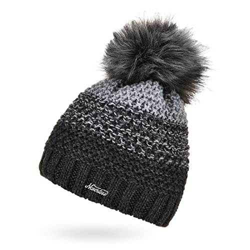 Neverless® Damen Strick-Mütze gefüttert Fleece Fell-Bommel Kunstfell Winter-Mütze Bommelmütze Grobstrick Mehrfarbig dunkelgrau-hellgrau Unisize von Neverless