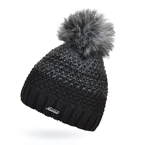 Neverless® Damen Strick-Mütze gefüttert Fleece Fell-Bommel Kunstfell Winter-Mütze Bommelmütze Grobstrick Mehrfarbig schwarz-dunkelgrau Unisize von Neverless