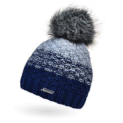 Neverless® Damen Strick-Mütze gefüttert Fleece-Innenfutter Fell-Bommel Kunstfell Winter-Mütze Bommelmütze Grobstrick Mehrfarbig Navy-hellgrau von Neverless