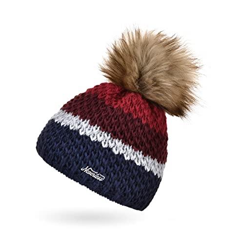 Neverless® Damen Strick-Mütze gefüttert Fleece-Innenfutter Fell-Bommel Kunstfell Winter-Mütze Bommelmütze Grobstrick Mehrfarbig Navy-rot Unisize von Neverless