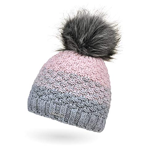 Neverless® Damen Strick-Mütze gefüttert Fleece-Innenfutter Fell-Bommel Kunstfell Winter-Mütze Bommelmütze Grobstrick Mehrfarbig grau-rosa von Neverless