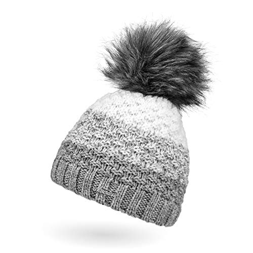 Neverless® Damen Strick-Mütze gefüttert Fleece-Innenfutter Fell-Bommel Kunstfell Winter-Mütze Bommelmütze Grobstrick Mehrfarbig hellgrau-weiß von Neverless