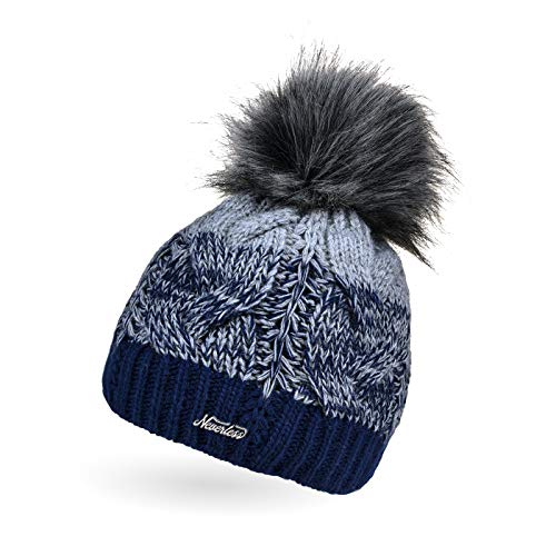 Neverless® Damen Strick-Mütze gefüttert Fleece-Innenfutter Fell-Bommel Kunstfell Winter-Mütze Bommelmütze Zopfmuster Mehrfarbig Navy-hellgrau von Neverless