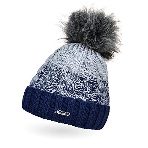 Neverless® Damen Strick-Mütze gefüttert Fleece-Innenfutter Fell-Bommel Kunstfell Winter-Mütze Bommelmütze Zopfmuster Mehrfarbig Umschlag Navy-hellgrau von Neverless