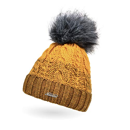 Neverless® Damen Strick-Mütze gefüttert Fleece-Innenfutter Fell-Bommel Kunstfell Winter-Mütze Bommelmütze Zopfmuster Mehrfarbig Umschlag dunkelgelb-gelb von Neverless