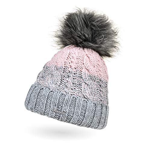 Neverless® Damen Strick-Mütze gefüttert Fleece-Innenfutter Fell-Bommel Kunstfell Winter-Mütze Bommelmütze Zopfmuster Mehrfarbig Umschlag grau-rosa von Neverless