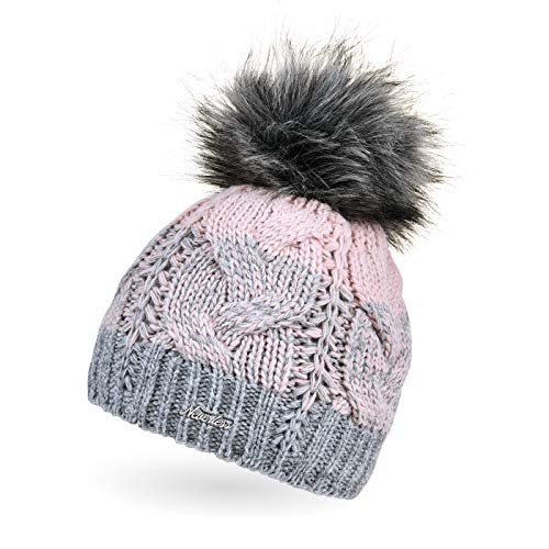 Neverless® Damen Strick-Mütze gefüttert Fleece-Innenfutter Fell-Bommel Kunstfell Winter-Mütze Bommelmütze Zopfmuster Mehrfarbig grau-rosa von Neverless