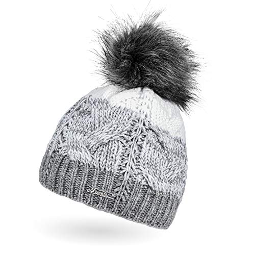 Neverless® Damen Strick-Mütze gefüttert Fleece-Innenfutter Fell-Bommel Kunstfell Winter-Mütze Bommelmütze Zopfmuster Mehrfarbig hellgrau-weiß von Neverless