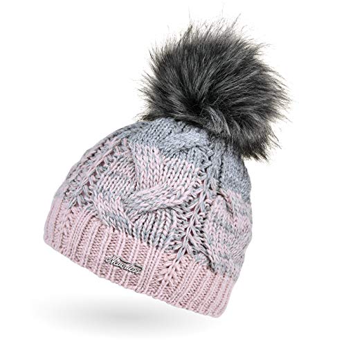 Neverless® Damen Strick-Mütze gefüttert Fleece-Innenfutter Fell-Bommel Kunstfell Winter-Mütze Bommelmütze Zopfmuster Mehrfarbig rosa-grau von Neverless