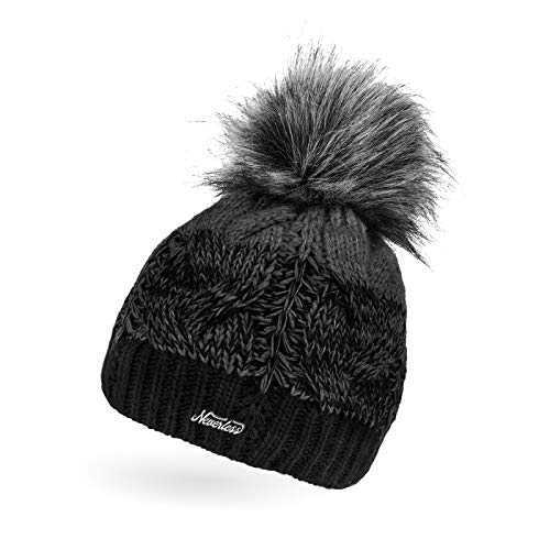 Neverless® Damen Strick-Mütze gefüttert Fleece-Innenfutter Fell-Bommel Kunstfell Winter-Mütze Bommelmütze Zopfmuster Mehrfarbig schwarz-dunkelgrau von Neverless