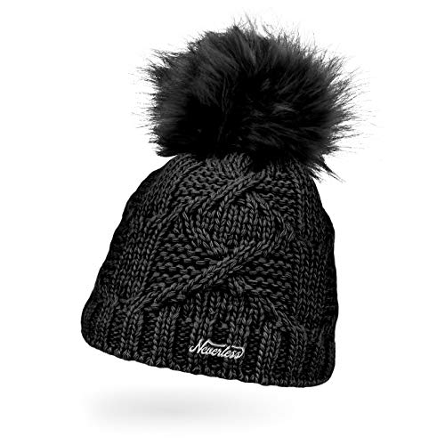 Neverless® Damen Strick-Mütze gefüttert Fleecefutter Fell-Bommel Kunstfell Winter-Mütze Zopfstrick Bommelmütze schwarz Unisize von Neverless