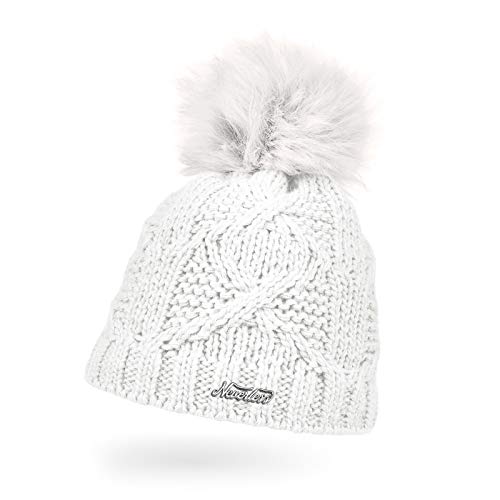 Neverless® Damen Strick-Mütze gefüttert Fleecefutter Fell-Bommel Kunstfell Winter-Mütze Zopfstrick Bommelmütze weiß Unisize von Neverless