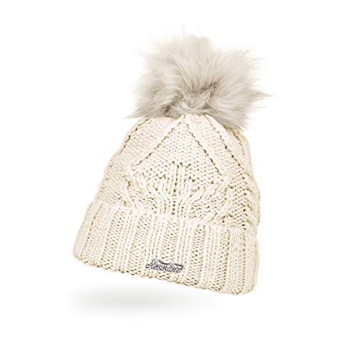 Neverless® Damen Strick-Mütze gefüttert Umschlag Fleecefutter Fell-Bommel Kunstfell Winter-Mütze Zopfstrick Bommelmütze Creme Unisize von Neverless